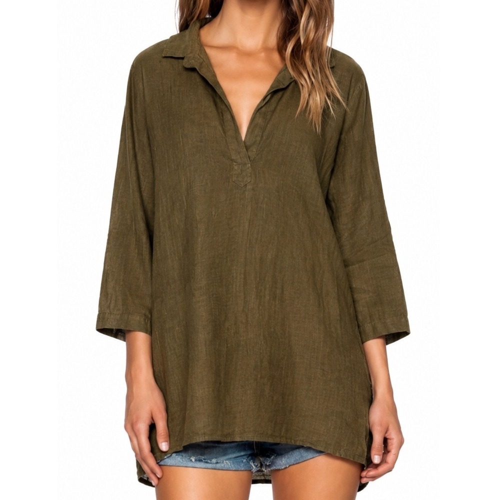 CP Shades Brown Kendal Cotton Tunic Popover Collar 3/4 Sleeve Size Large